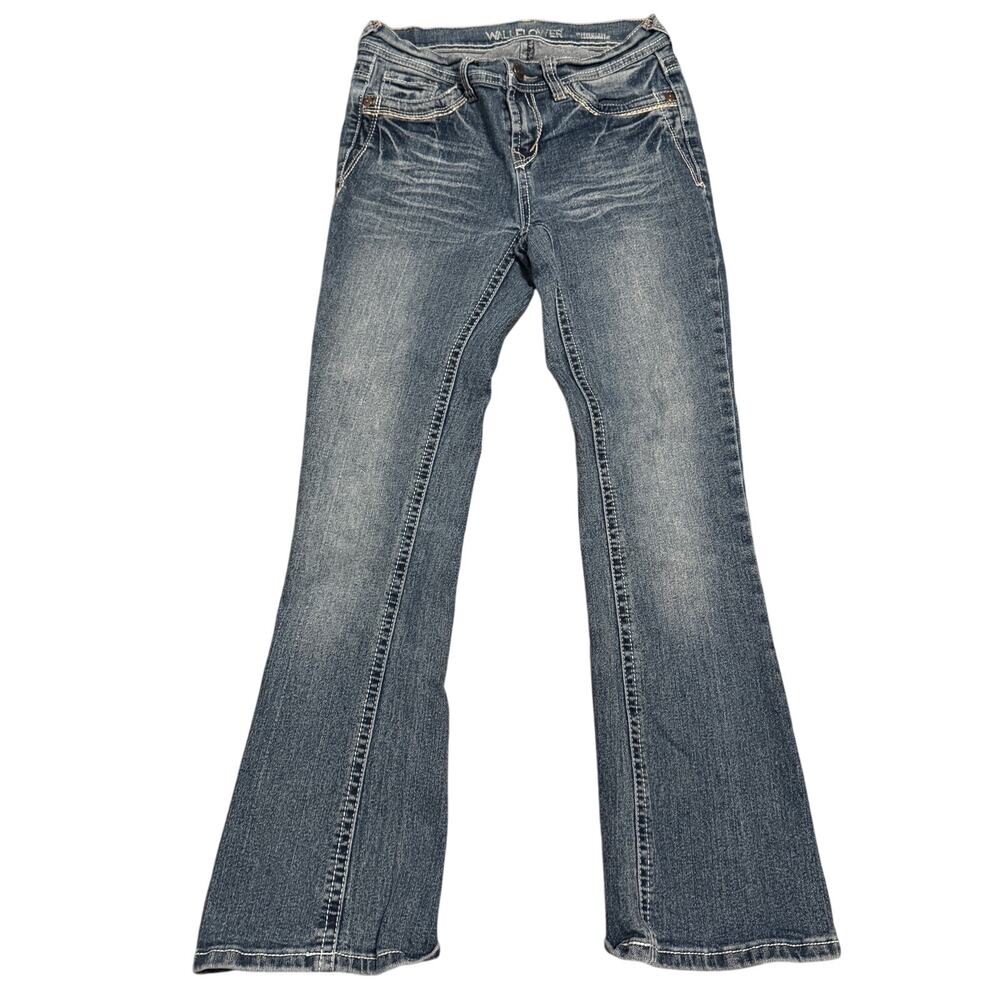 WallFlower Legendary Bootcut Jean Juniors 3 Short Flap Pocket Thick Stitch Denim